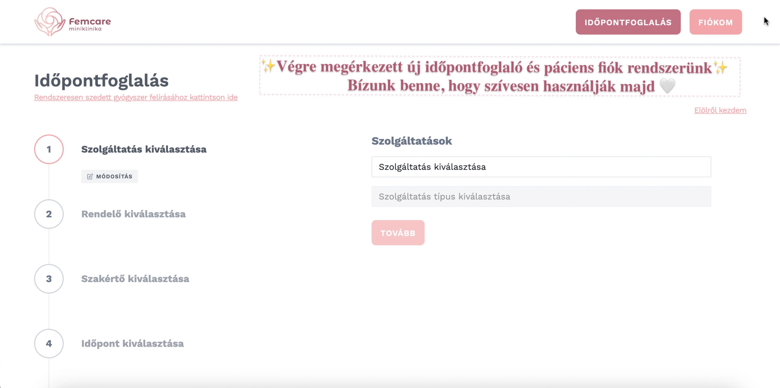 időpontfoglaló kezdőképernyő bemutatása